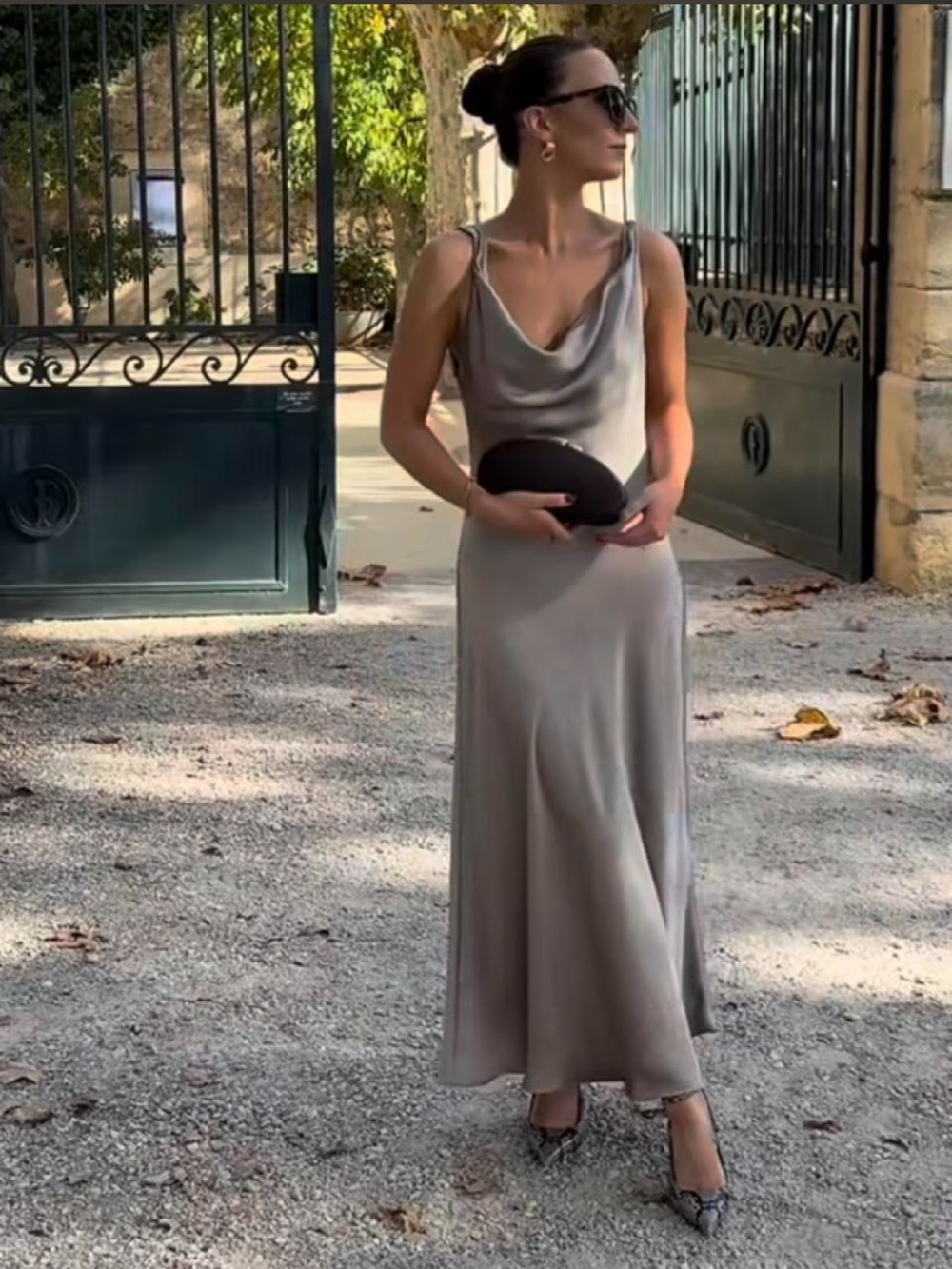 Zara Satin Cowl Neck Slip Dress in Taupe Gray